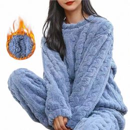2023 Polaire Femmes Pyjamas Ensemble Vêtements de nuit d'hiver Solide Veet 2 pièces Pantalon Costume à la maison Moelleux Casual Piiama Chaud O-Cou Nuit Porter 70Jt #