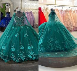 2023 Floral 3D Dentelle Fleurs Perles Quinceanera Robes Vert Émeraude Avec Cap Perlé Applique Hors Épaule Princesse Robes De Bal Puffy Prom Pageant