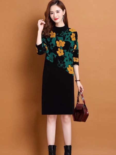 2023 Floral Office Lady robe tricotée automne hiver bureau dame doux chaud noir pulls robe 2023 femmes à manches longues col rond mince sortie vacances fête Midi robes