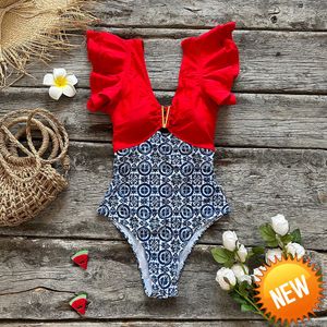 2023 Floral Gedrukt Deep V-Neck Ruffle Swimsuit Push Up One Piece Swimsuit Beach Wear Backless Monokini Beach Wear Swim Suit