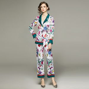 Femmes rétro Floral Designer pyjamas ensembles à manches longues col en V à lacets arc élégant hauts et pantalons à jambes larges ensemble 2023 printemps automne mode piste maison porter des costumes deux pièces