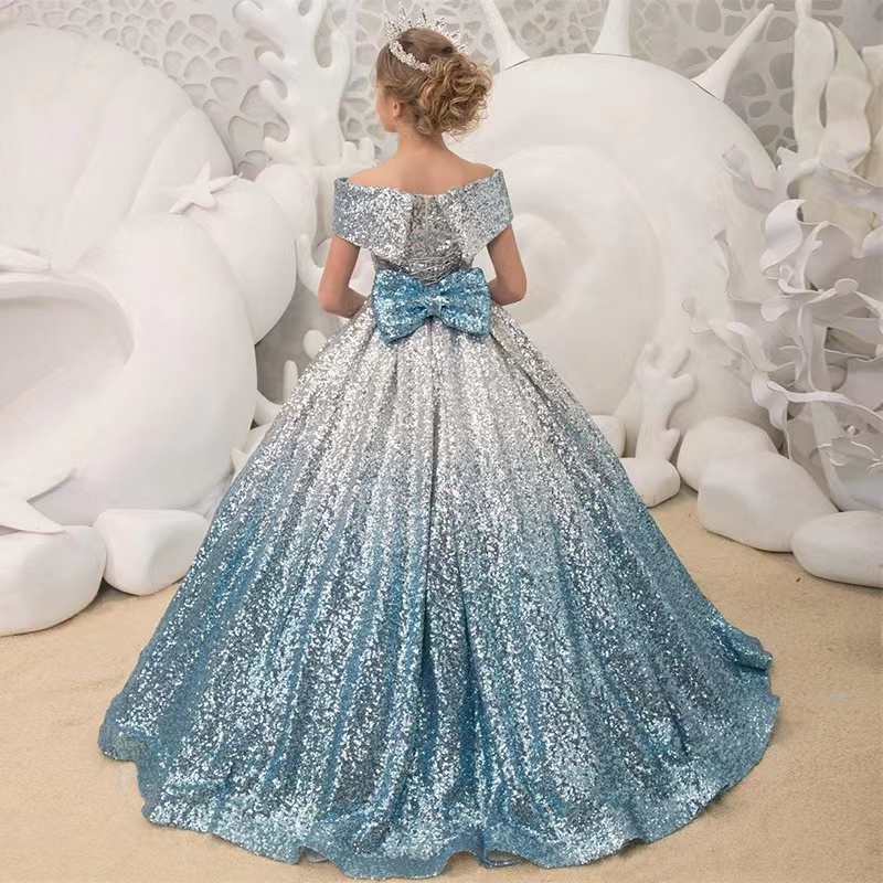 2023 Flower Girl Dresses for wedding sequined off shoulder big bow backless Kids Pageant Dress beaded Girls baby Birthday Party birthday party Christmas Gowns