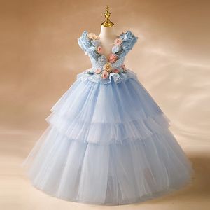 2023 Vestidos de niña de las flores para bodas Cap manga 3D floral Princesa Bautismo Vestido de primera comunión para niños Apliques Vestidos para niños pequeños