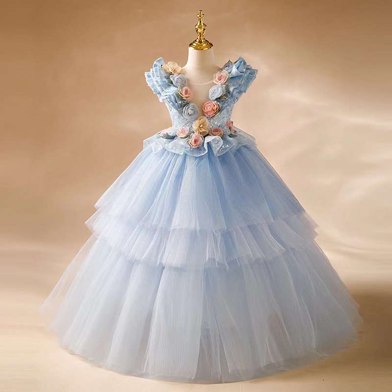 2023 Vestidos de niña de las flores para bodas Cap manga 3D floral Princesa Bautismo Vestido de primera comunión para niños Apliques Vestidos para niños pequeños