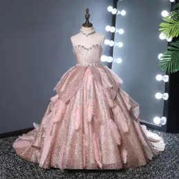 2023 Bloemenmeisjesjurken voor bruiloftsmeisjes Pageant -jurken Kerstmis nieuwjaars Rose Gold Pailletten Crystal Lades First Communion Kids prom jurk
