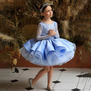 2023 Vestidos de niñas de flores para bodas Azul claro Amarillo Manga larga Apliques de encaje Lentejuelas Tutu Volantes cortos Con gradas Cumpleaños Niños Niña Vestidos de desfile Arco