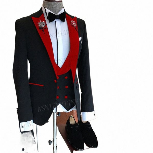 2023 Formel Busin Hommes Costume 3 Pièces Veste Homme Personnalisé Fi Groom Costume De Mariage Tuxedo Rouge Veet Revers Blazer Gilet Pantalon z5NU #