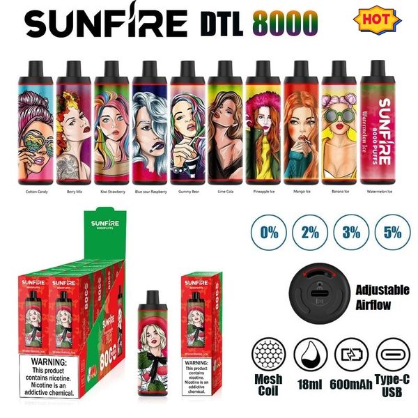 2023 France Sunfire le plus populaire 8000 Puffs Fruits jetables Arômes Vape Pen Disponide 18ml 600mAH USB C Batterie rechargeable 0% 2% 5% avec emballage de boîte