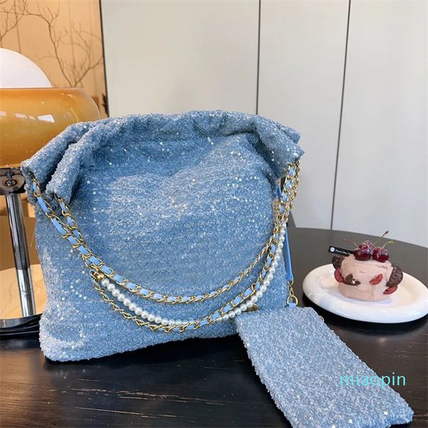 2023-French Womens Blue 22 Bag Tweed Bags Bolsos de diseñador acolchados Metal Pearl Chain Shoulder Tote Gold Hardware Shopping Pouch Wallet Crossbody Purse 2Size