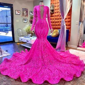 2023 Fuchsia Mermaid Long Prom Dresses African Black Girl lange mouwen Sparkly Pailly Lace Luxury Party Avond Jurk BC15052 GW0210 275C