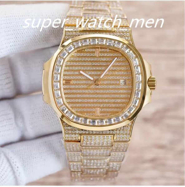 2023 FUll Diamonds Automatic Mens Watch Green Texture Dial Stick Markers Entièrement Iced Out Big Diamond Bezel And Bracelet Super Eternity Montres