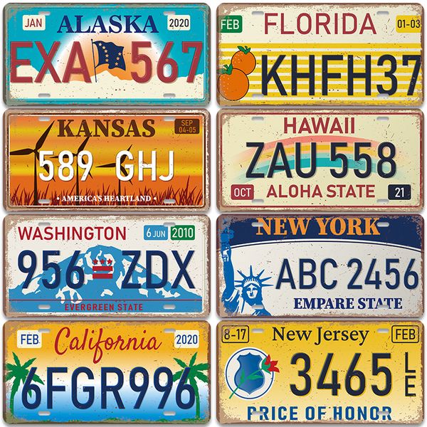 2023 ÉTATS AMÉRICAINES DROITES MÉTAL PEINTURE SIGNES SIGNES VINTAGE CALIFORNIE FLORIDE NEW JERSEY Texas Hawaii Metal Plates Pub Club Bar Bar Mur Decor 15x30cm