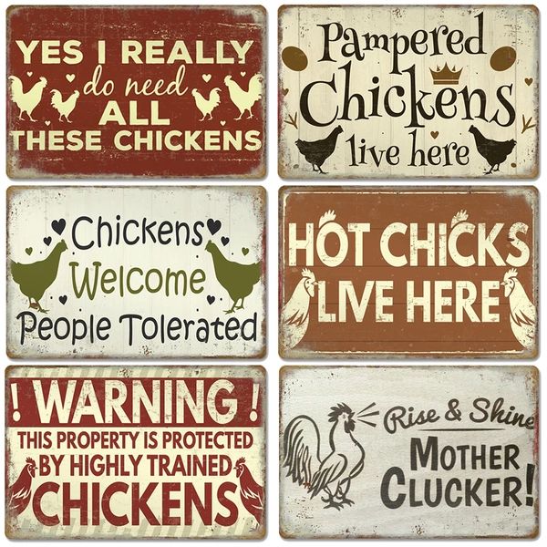 2023 Drôle Poulets Tin Signs Métal Peinture Vintage Affiche Coq Poules Oeufs Rétro Plaque Stickers Muraux Peinture pour Ferme Portes Extérieures Décor À La Maison 30X20cm