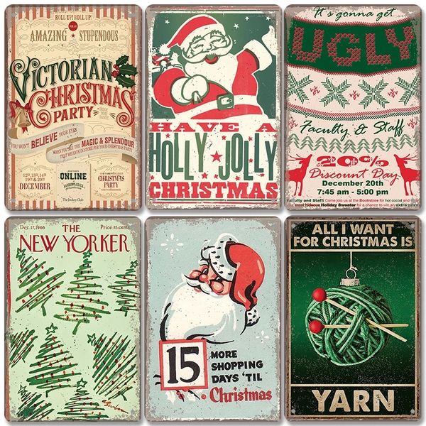 2023 Drôle Vintage Arbre De Noël En Métal Peinture Tin Signes Cloches Père Noël Affiche Christma Rétro Plaque De Métal Café Bar Pub Maison Décoration Murale Enfants cadeaux 20x30cm