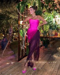 2023 Fuschia druiven paarse zijde tule avond feestjurken strapless vrouwen strand prom jurken gewaad de soiree