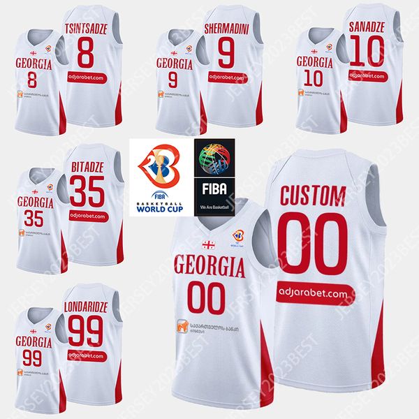 Maillot de basket-ball de la Coupe du monde de Géorgie FIBA 2023 99 Ilia Londaridze 35 Goga Bitadze 8 Giorgi Tsintsadze Blanc hommes femmes jeunes XS-4XL