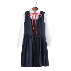 2023 Filles Japonais Coréen Uniforme scolaire Étudiant Dres Blanc Lg-Manches Top Chemise Anime Forme Bleu Marine Gilet Jupe Plissée v6Hf #