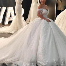 2023 Glitter Dubai Arabia Vestido de fiesta Vestidos de novia Mangas largas Cuentas de encaje Apliques Tallas grandes Vestidos de novia hechos a medida Crystal R260u