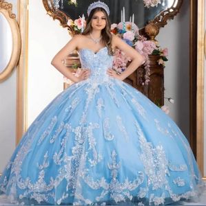 2023 Glitter Ivory Lentejuelas Apliques Prom Vestidos de quinceañera Light Sky Blue Strapless Corset Backless Princess Vestido formal Noche Dulce 15 16 Niñas Vestido de fiesta