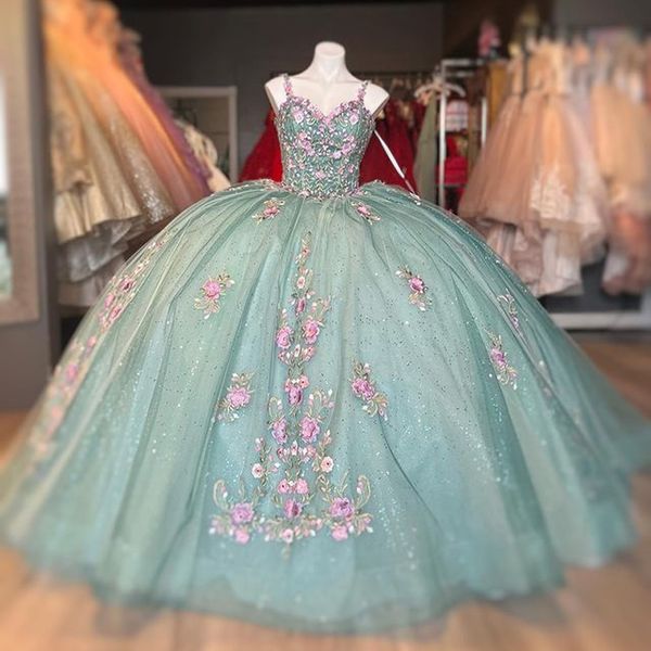 2024 Glitter Light Green Vestidos de quinceañera Sweetheart Spaghetti Strap Gorgeous 3DFlower Apliques Rebordear Vestido de fiesta Vestido de fiesta