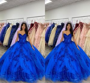 2023 paillettes paillettes appliques robes de Quinceanera et Sweet 16 robes de bal bleu royal chérie corset retour robe formelle tulle de retour