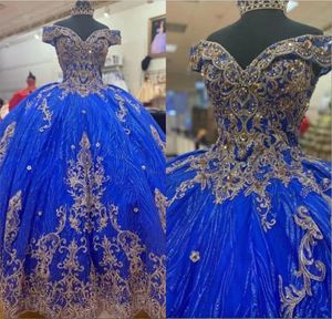 2023 Glitter Pailletten Tule Quinceanera Jurken Toyal Blauw En Goud Geborduurde Kralen Crystal Baljurken Off Shoulder Sweet 16 Dres