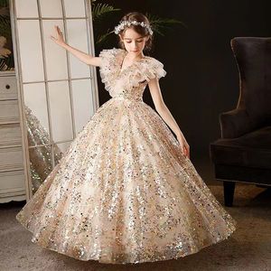 2023 Gold Crystal Flower Girls Jurk Pageant Jurken Ball Jurk kralen Toddler babykleding kleine kinderen verjaardagjurken