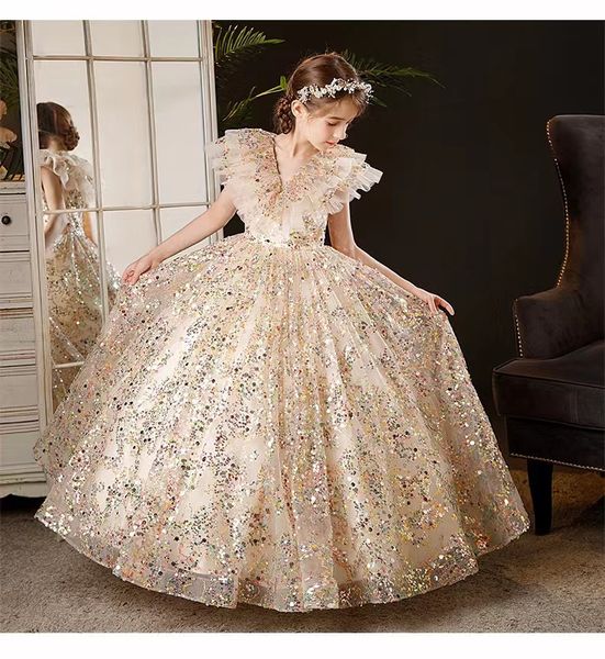 2023 Vestido de niña de flores de cristal dorado Vestidos de desfile Vestido de fiesta Ropa infantil para niños pequeños Cuello en v Vestidos de cumpleaños para niños pequeños Lentejuelas de cristal Fiesta de Navidad Ropa