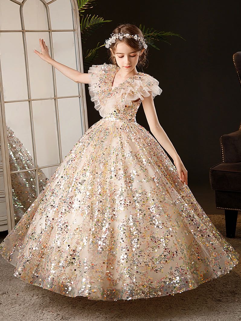 2023 Gold Flower Girl Dresses Jewel Neck Ball Gown Lace Appliques Beads colorful sequined Kids Girls Pageant Dress Sweep Train Birthday Gowns