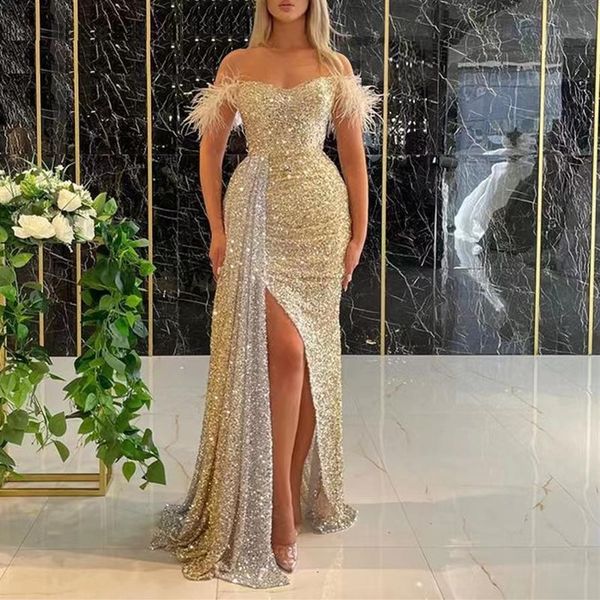 2023 Sirena dorada Vestidos de noche Use Kaftan Dubai Cristal con lentejuelas Con cuentas Alta división Vestidos de fiesta formales largos Modest robe de soir197O