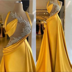 2023 Gold Mermaid Prom -jurken met overkruip kristallen kralen illusie top satijn op maat gemaakte ruches avondfeestjurken Vestidos formele gelegenheid slijtage plus maat