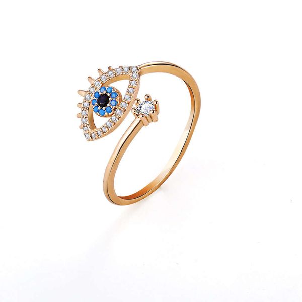 2023 Anillos chapados en oro Joyería Mujeres Sier Crystal Fashion Finger Open Custom Ajustable Blue Evil Eye Ring