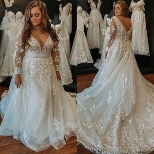 2023 magnifiques robes de mariée de plage robe de mariée col en V profond manches longues une ligne balayage train plus la taille sur mesure jardin vestido de novia