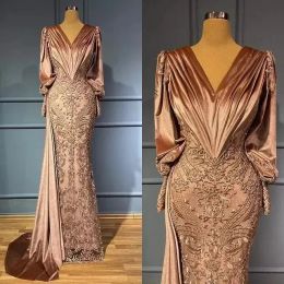 2023 Robes de soirée magnifiques sirène manches longues V couche dentelle applique élastique satin coutume et occasion formelle Portez la robe de bal arabe vestidos