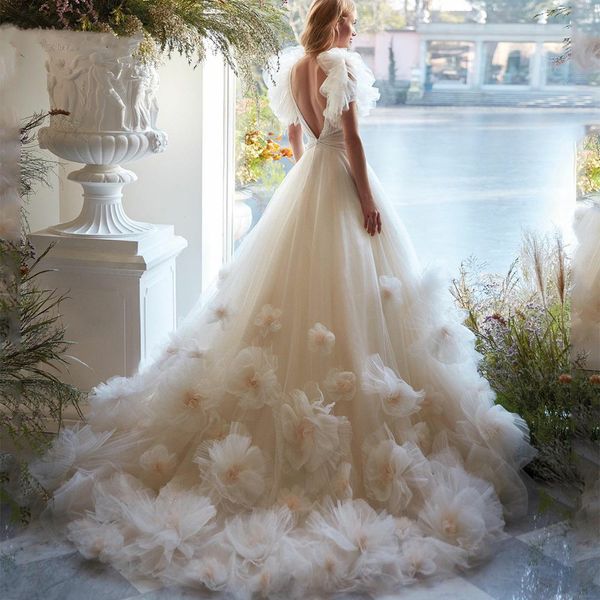 2023 Magnifique longue robe de bal fleurs 3D appliques cristal perles robes de soirée col en V a-ligne robe de soirée occasion spéciale femmes robe formelle