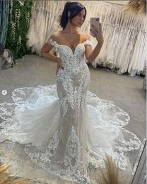 2023 magnifiques robes de mariée sirène robe de mariée dentelle appliques sur les bretelles volants boutons couverts sur mesure balayage train robes de novia plus la taille