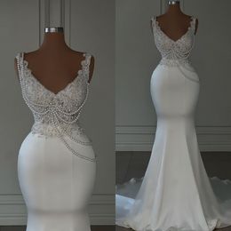 2023 Robes de mariée sirène magnifiques robe de mariée dentelle appliques bretelles sexy perles perlées sur mesure plage pays plus taille vestido de novia