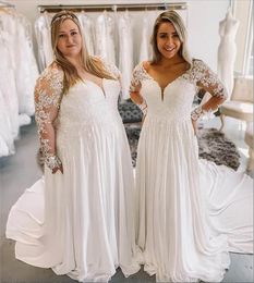 2023 magnifiques robes de mariée grande taille robe de mariée dentelle appliques manches longues une ligne profonde col en V balayage train sur mesure jardin vestido de novia