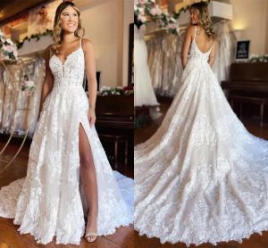2023 Robes de mariée magnifiques robes de mariée spaghetti bretelles sans manches applique tulle