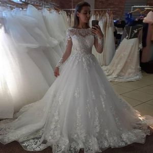 2023 magnifiques robes de mariée robe de mariée manches longues dentelle appliques tulle balayage train bateau décolleté volants plus la taille sur mesure robe de novia