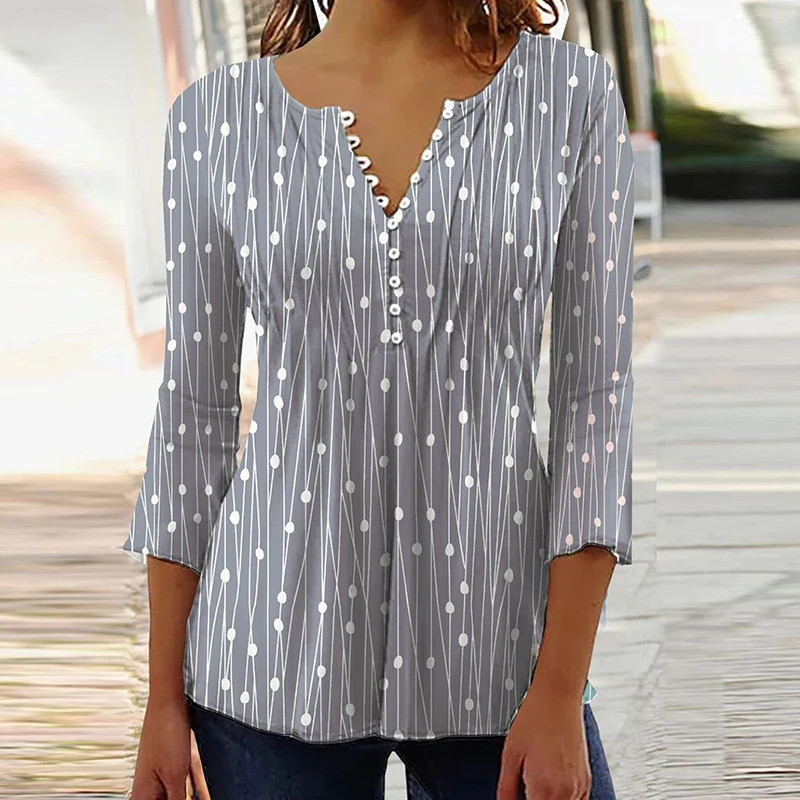 2023 Kadınlar için Grafik Baskı Gömlekleri Kadınlar İlkbahar Yaz 3/4 Kol V Boyun Düğmeleri Bluz Gömlek Bayanlar Uzun Kollu Üstler