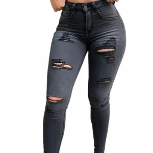 2023 Jeans déchirés gris femmes jeans skinny dames pantalons en denim extensible femme push up jeans avec trous fi sexy pantalons décontractés l4rt #