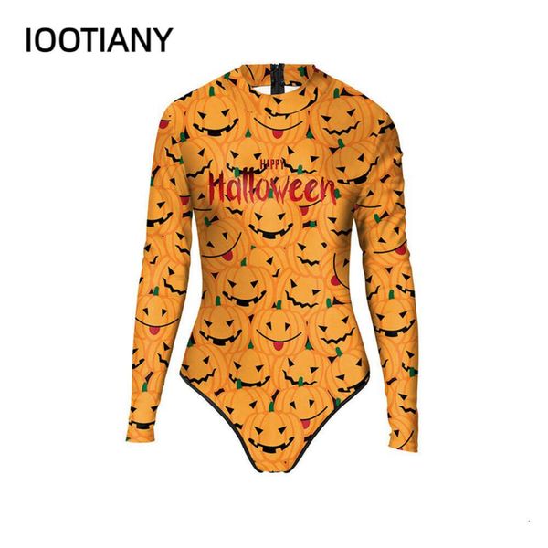 Maillot de bain une pièce imprimé citrouille d'halloween pour femmes, décontracté, manches longues, vêtements de plage, Sexy, serré, été, 2023