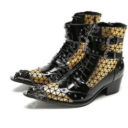 2023 zapatos de hombre hechos a mano 6,5 cm tacón Rock Gold Iron Toe botines de cuero para hombres con cordones Zip Punk fiesta, botas de boda para hombre