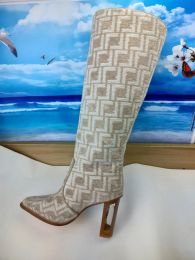 2023 Bottes en chenille à talons hauts Botte pour femme Baguette à bout carré avec motif jacquard bleu et noir Hauteur de talon 110 mm Design de mode pour dames freeship