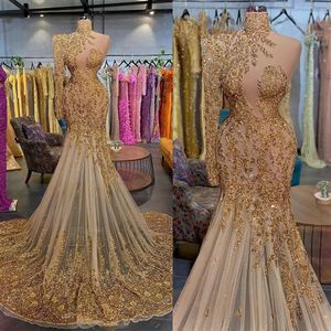2023 High Neck Prom -jurken Mermaid pailletten lacee applique op maat gemaakt een schouder lange mouwen lange mouwen ruches avondfeestjurken vestidos formele gelegenheid slijtage plus maat
