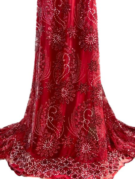 2023 Haute qualité africaine française paillettes dentelle broderie perlée tissu rouge robe de mariée couture artisanat matériel nigérian femmes moderne fête banquet costume KY-3047