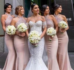 2023 Hoge kwaliteit stoffige roze bruidsmeisjesjurk halter nek tuin land formele bruiloft gast bruidsmeisje jurk plus size op maat gemaakt