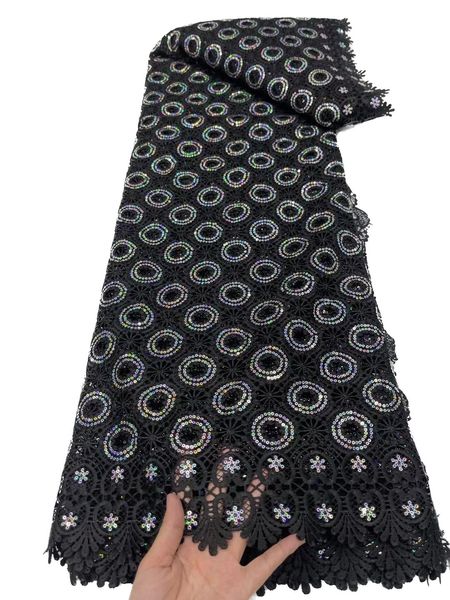 2023 Cordón de poliéster bordado de alta calidad, tela de guipur de encaje con lentejuelas, vestido africano de malla para mujer, 5 yardas, diseño de estilo nigeriano, artesanía de costura moderna, negro KY-0045