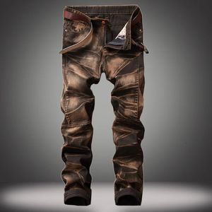 2023 haute qualité hommes décontracté Midrise jean enduit mince droit plissé Biker pantalon mâle Denim grande taille 42 240104